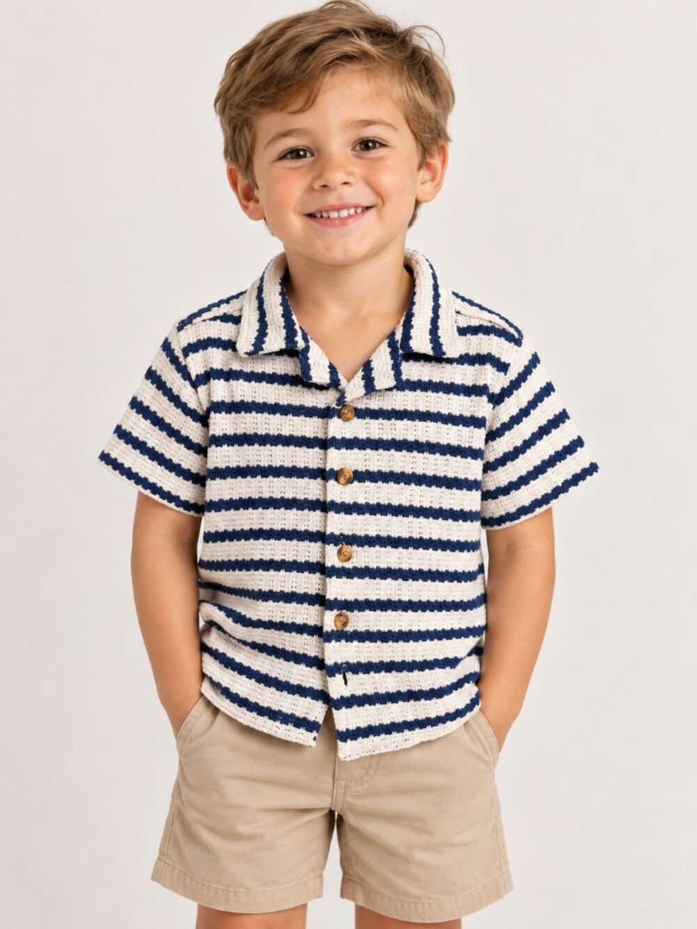 Wonder Nation Boys Navy & Cream Striped Knit Button-Up Shirt – Size XS (4–5)